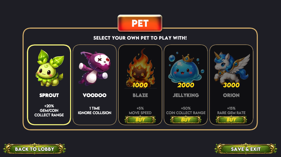 Pet selection screen