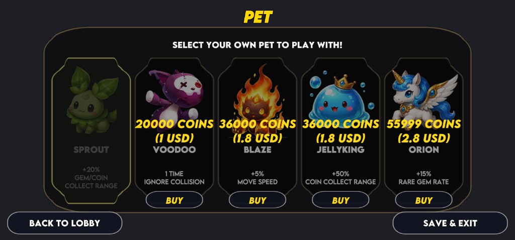 Guardian Rush pet selection
